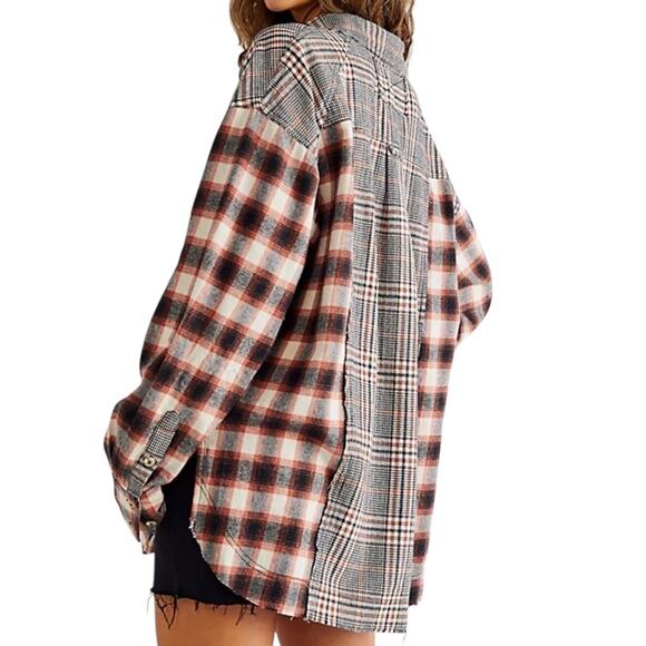 We The Free People Wildfire Mixed Plaid Flannel Oversized Top Medium M - Picture 2 of 9